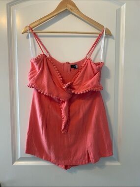 Women's Coral Pom-Trim Spaghetti Strap Top Romper